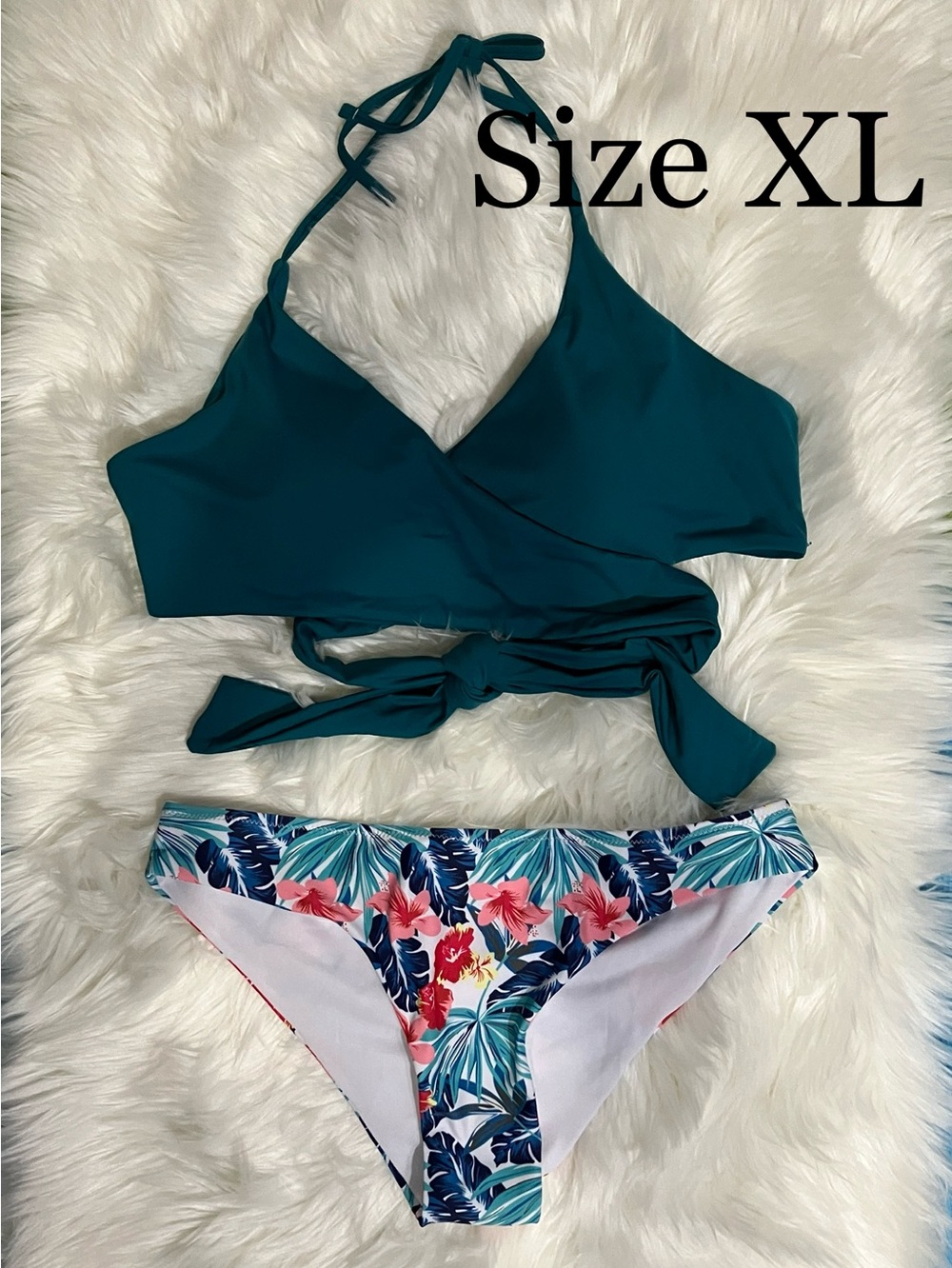Women’s Teal Wrap Halter Bikini Set with Tropical Print Swimsuit Size XLarge